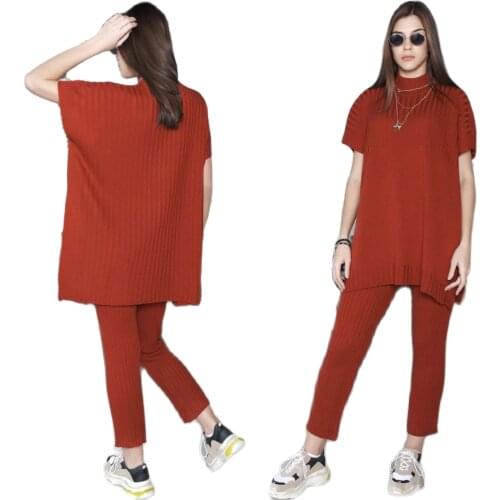 2 Piece Pant and Stripe Patterned Turtleneck Sweater Womens Set Comfortable Cotton Turkish Set 4 Seasons Half Sleeve Pullover