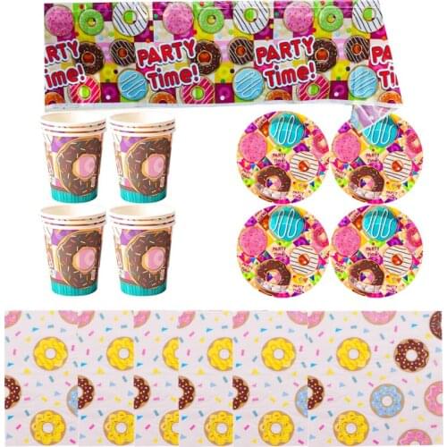 Baby Shower Tablecloth Napkins Brthday Party Donut Theme Kids Girls Favors Tableware Set Plates Cups Glass Dishes 61pcs/lot