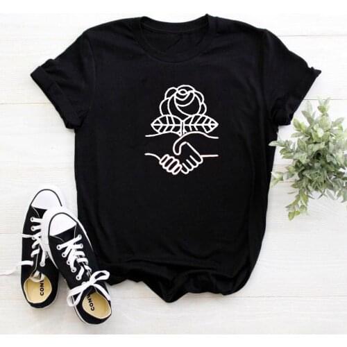 Shake Hands Women T-shirt In Front of The Flowers Tshirt Women Cotton Personality Camiseta Mujer Fashion Casual Women T Shirts