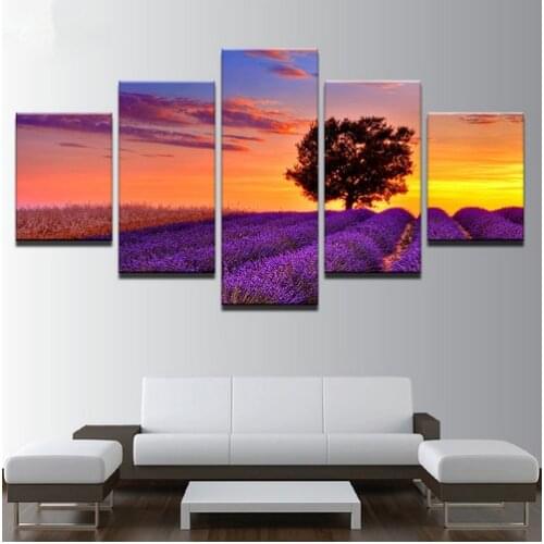 Canvas Prints Paintings Living Room Wall Art Framework 5 Pieces Purple Lavender Field Tree Sunset Landscape Pictures Home Decor