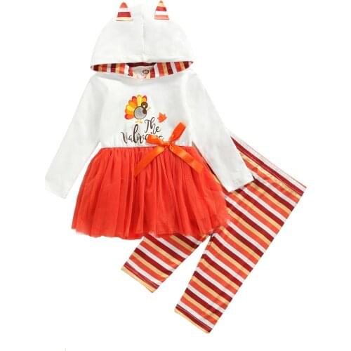 1-5Years Toddler Baby Girl 2Pcs Autumn Halloween Clothing Set Long Sleeve Hooded Lace Dress Top Striped Long Pants