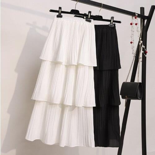 Multi-layer skirt Women High Waist Polka Dot Printed Long Skirt Loose A-line Ruffled Pleated Maxi Evening Party Skirt jupe femme