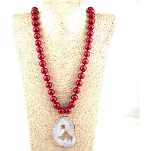 MOODPC Fashion 90cm Big Red Glass Long Knotted Big White Duzy Pendant Necklaces For Women