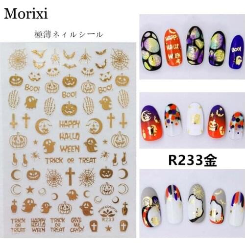 Morixi Halloween nail sticker gold plated animals pumpkin pattern 3D ultra thin slider self glue nail decals MC001