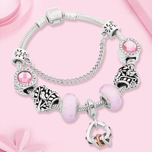 Leabyl New Arrival Lovely Pink Murano Heart Crystal Charm Bracelet Bird Heart Pendant Bead Bracelet for Women Girl Gift