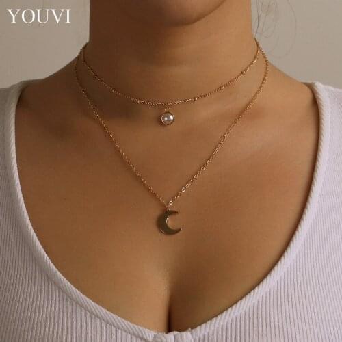 YOUVI Collier Chain Necklace Moon Alloy Metal Pearl Pendant Necklace For Women New Trend Female Jewelry Clavicle Chain Choker