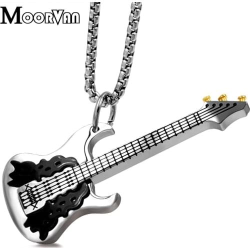 Moorvan Musical Instrument Pendant Necklace Punk Men Guitar Street Style Stainless Steel Necklace 2018 Pendant Jewelry VP630