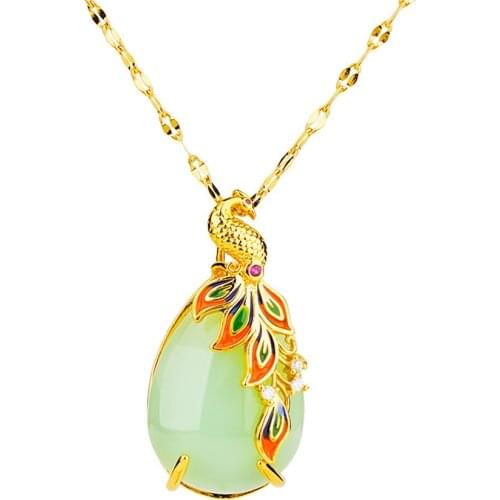 Pure natural stone peacock pendants necklces for women 2020 fashion 24k gold phoenix pendant chain necklace choker jewelery gift