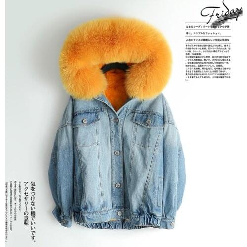 Parka Real Fur Coat Female Rabbit Fur Liner Denim Jacket Winter Coat Women Fox Fur Collar Warm Korean Jackets MY4586