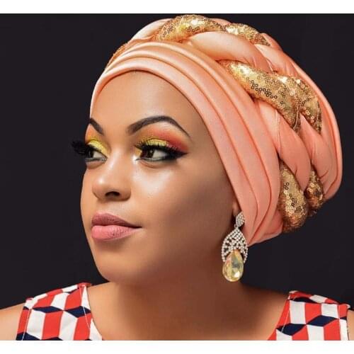 Gold Nigerian Gele Headtie Aso Oke High Quality African Aso Oke Gele Already Made Auto Gele African Turban Cap for party