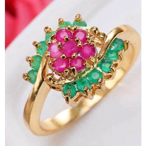 Luxury Gorgeous Women Jewelry Pink & Green Zircon Rings for Wedding Gold Color Engagement Party Set Gifts Size 6 -10