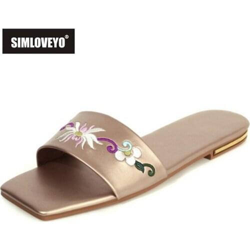 SIMLOVEYO 2021 Summer Casual Fashion Ladies Slippers Flower Sweet Embroider Flat Heel Slide Slingback Open Toe Size 34-39 A4164