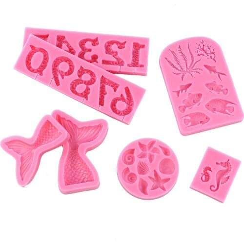 Cute Silicone Fondant Mold Number Seahorse Fish Starfish Shape Cake Maker Candy Jelly Mould Silicone DIY Tools Kitchen Gadget