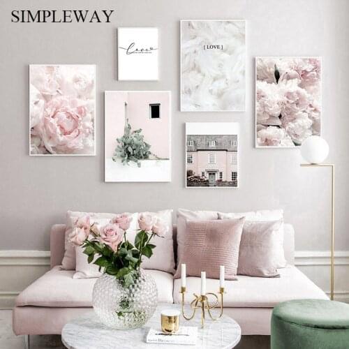 Scandinavian Peony Flower Feather Canvas Painting Love Quotes Poser and Print Nordic Wall Art Decoration Picture for Living Room