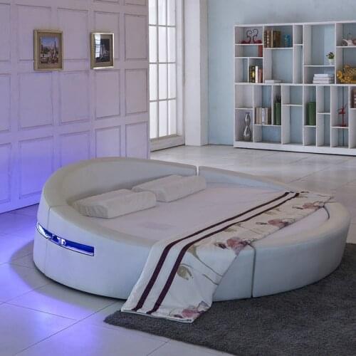 Smart bed frame camas bedroom set furniture кровать двуспальная lit beds سرير LED light round genuine leather bed + mattress