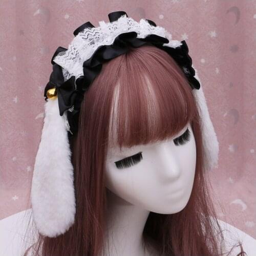 Japanese Lolita Lace Cute Rabbit Ear Handmade Bow Lop Bunny Ears Hairband Kawaii Girls Gothic Lolita Hair Accessories