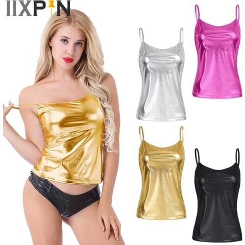 Women Pole Dance Clothing Shiny Patent Leather Sleeveles Tank Vest Top Metallic Hip Hop Jazz Dance Costumes Performance Clubwear