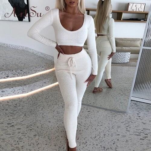 ArtSu Grey Winter Woolen Sweater And Long Pants Two Piece Set Women Long Sleeve Casual Jogging Femme Sexy Chandal Mujer