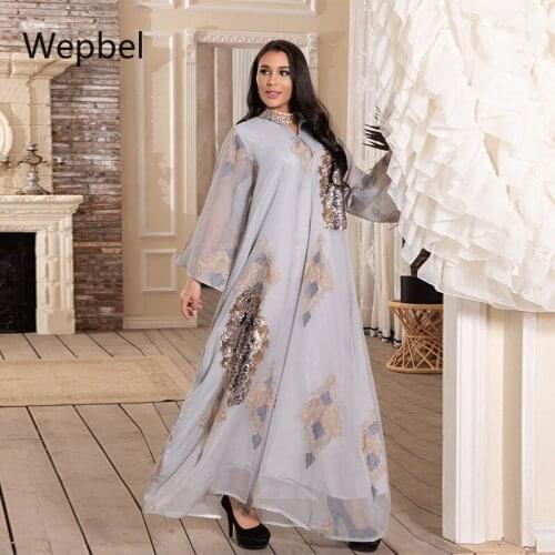 Wepbel Big Swing Robe Gown Kaftan Muslim Evening Dress Sequin Embroidered Mesh Women Dress Islamic Clothing Long Sleeve