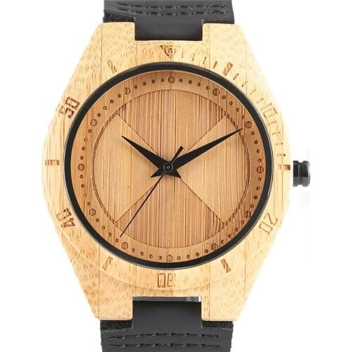2020 Mens Handmade Creative Bamboo Wood Quartz Watches Male Unique Classic Wristwatch Black Genuine Leather kol saati erkek