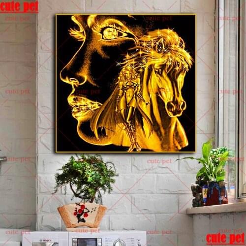 5d Full Circular Diy Diamond Painting Gold Horse And Woman Embroidery Diamond Picture Of Rhinestones Mosaic Cross Stitch Decor