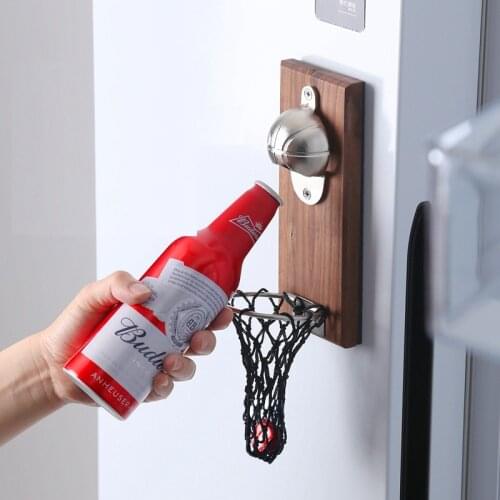 Basketball Wall-Mounted Beer Bottle Opener Creative Bottle Drink Opener With Bottle Cap Storage Basket Kitchen Gadgets