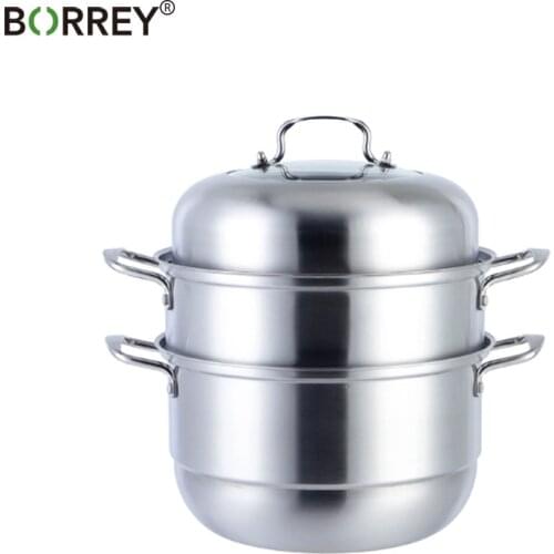 BORREY Stainless Steel Steam Basket Pot Thicken Double Boiler Steamer Pot Soup Pot Induction Cooker Gas Stove Metal Steamer Pan