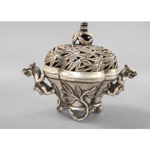 Chinese refined crafts bamboo white copper incense burner