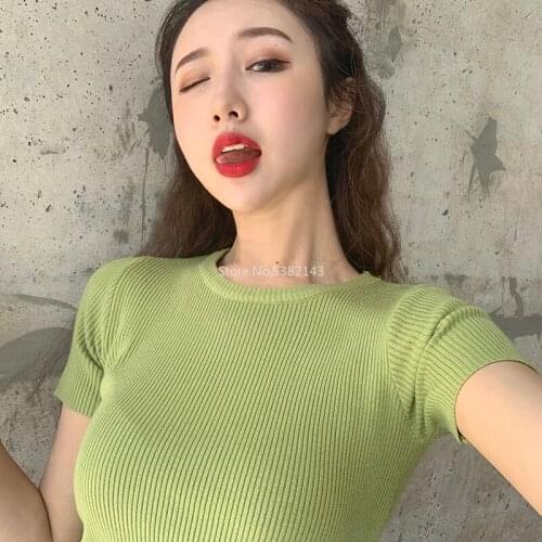 10 Colors Summer Tops Girls 2021 Korean Style Solid Color Slim Short-sleeve Knit T-shirts Womens Tee Shirt Femme
