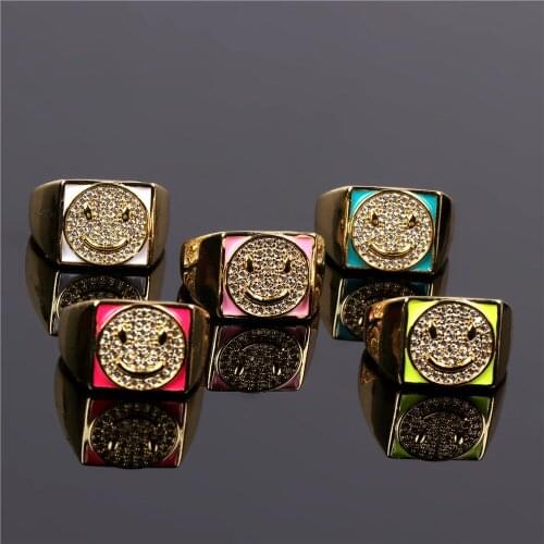 Trendy Adjustable Gold Color Metal Copper Enamel Smiley Face Ring CZ Cubic Zirconia Cute Positive Smile Ring For Women Jewelry