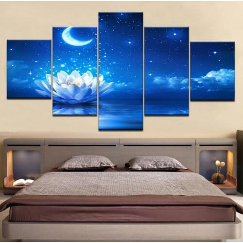 Wall Art Home Decoration Frame Modular Pictures 5 Pieces Abstract Flash Moon White Lotus Flower Water HD Print Canvas Paintings