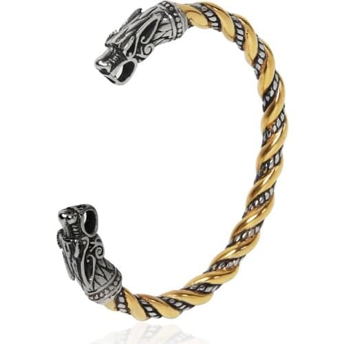 New Stainless steel Norse Wolf Heads Bracelet Mix Gold and Silver Viking jewelry as man or women gift