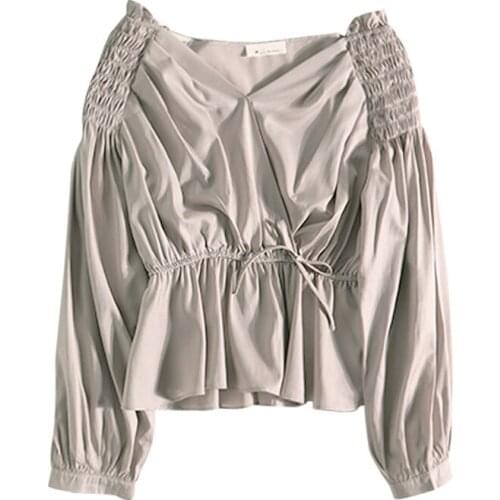 PERHAPS U Puff Sleeve Long Sleeve V Neck Solid Sash Women Shirt Top Khaki White Black B0199