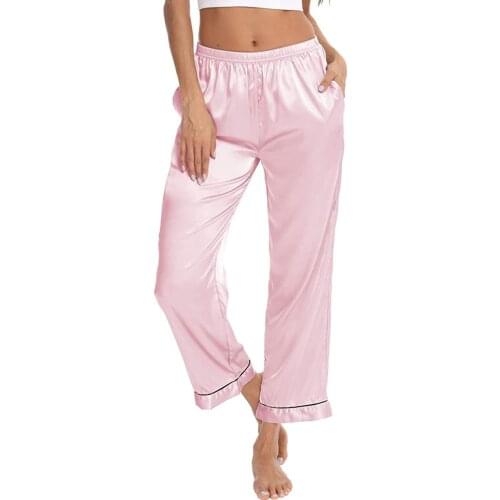 Women Silk Satin Pajamas Sleepwear Nightwear Loungewear Homewear Ankle Length Pants Floral Print Ladies Clothe pijama mujer Pink