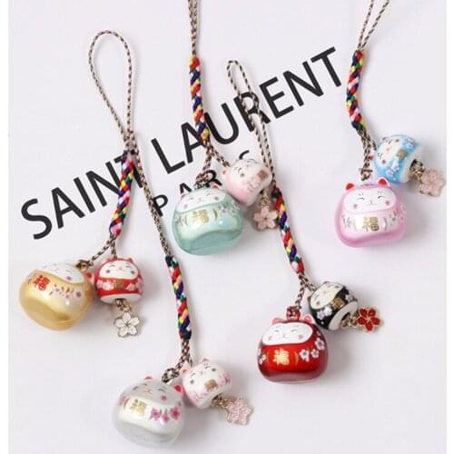 Japanese Lucky Cat Smart Dream Color Phone Strap Lanyards Sakura Cat Charm Bell Pendant Car Keys Bag Decor Key Holder For Couple