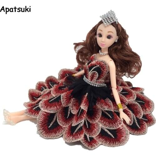 Peacock Feather Crystal Dancing Costume Fashion Clothes For Barbie Doll Lace Dresses 1/6 Party Dress For 1/6 BJD Dolls Toy