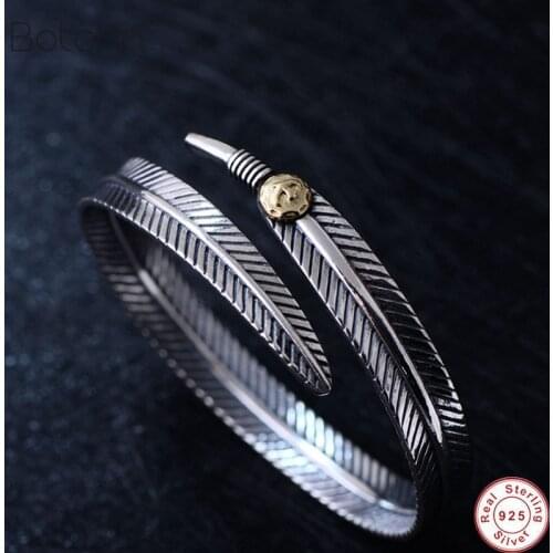 925 Sterling Silver colour Feather Shape Open Cuff Bangle Bracelet Men Women Puck Classic Retro Style Hip Hop Party Rock Jewelry