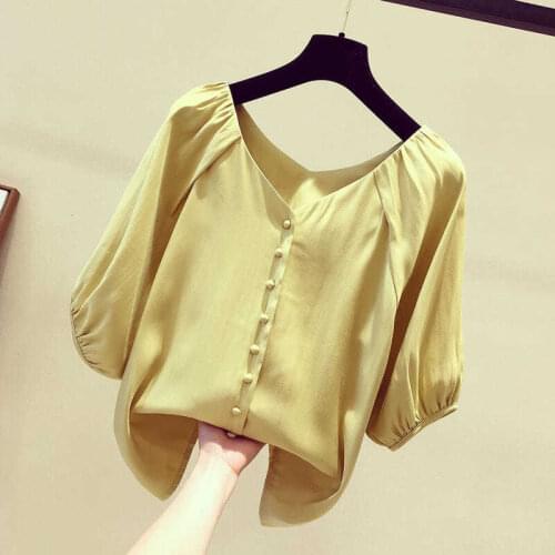 Lantern Sleeve Shirt Women Short Sleeve 2021 New V-neck Loose Summer Top All-match Chiffon Shirt Womens Blouses Womans Tops