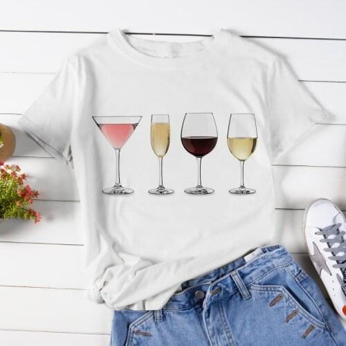Women Harajuku Aesthetic White Tops Casual Tshirt Wine Glass Funny Graphic Print T-shirt Short Sleeve Female T Shirt Tee