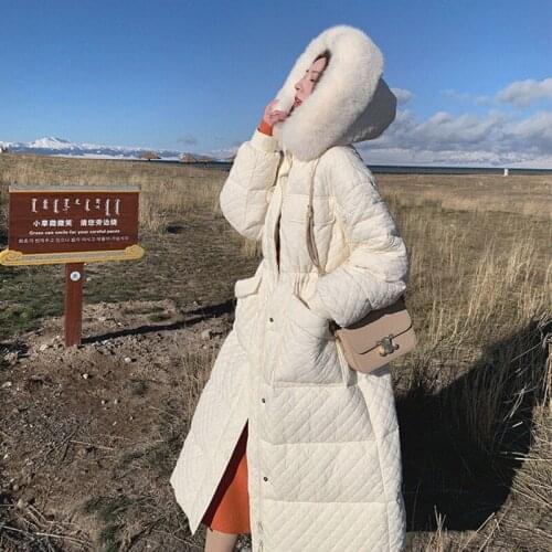 Winter White Duck Down Jacket Women Real Fur Hooded Diamond Lattice Long Over Knee Loose Elegant Fashion Warm Solid Parker