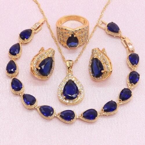 Wedding Gold Color Jewelry Sets For Women Royal Blue Crystal Exquisite Earrings Bracelet Pendant Necklace Ring Christmas Gift