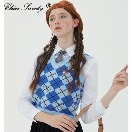 Women Diamond Lattice Knitted Sweaters Sleeveless Casual Color Block Pullover Waistcoat V-Neck Sweet Girls Sweater Vest Crop Top