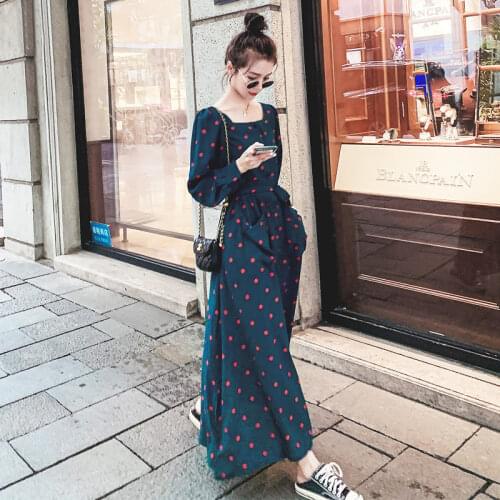 2020 Spring Autumn Green Polka Dot Dress Women Vintage Square Collar Long Sleeve French Style Minority Retro Slim Fit Vestidos
