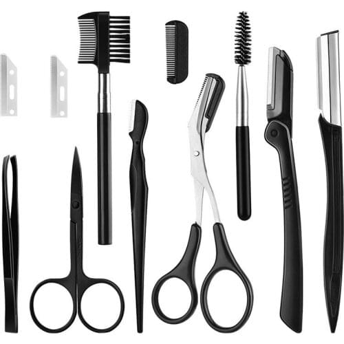 11Pcs Eyebrow Kit , Eyebrow Grooming Trimming Kit with Eyebrow Razor Comb Scissors Trimmer Tweezers for Women