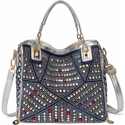 2017 fashion brand luxury bag designer handbags high quality gold diamante woven denim bags