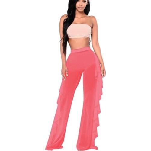 2019 Sexy Women Beach Mesh Ruffles Sheer Pants Wide Leg Pants Bikini Cover Up Solid Color Summer Elastic Waist Long Pants