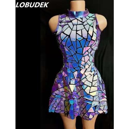 Bar Night Club Stage Women Singer Dance Costume Glitter Blue Purple Sequin Sleeveless Short Dress Birthday Prom Party Stage Wear