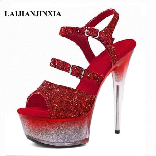 Glitter Open toe Flash Dress 15 CM High Heels Platform Sandals Pole Dance Shoes Sexy Fetish Party Women Nightclub Model Shoes
