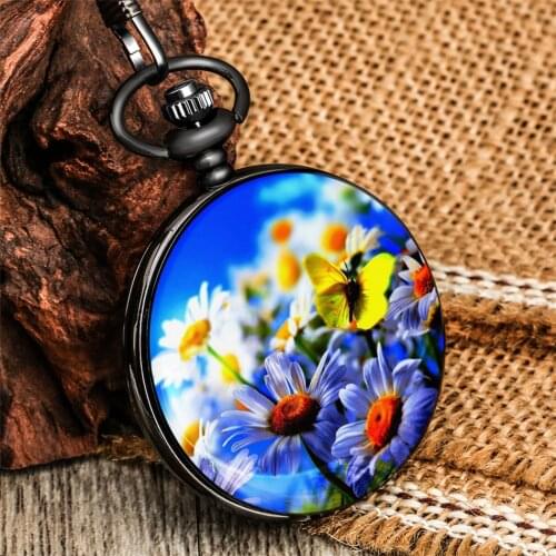 Blooming Flowers Printed Quartz Pocket Watch Antique Black Analog Dial Full Hunter Pocket Pendant Clock Gifts Men Women