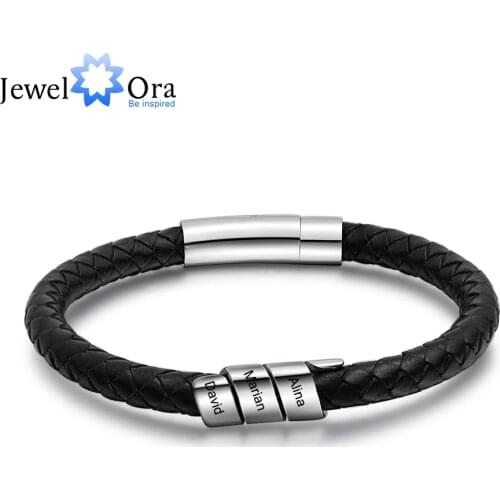 JewelOra Stainless Steel Customized Black Leather Bracelet Personalized Name Engraved Bracelets Gift for Boyfriend Fathers Day